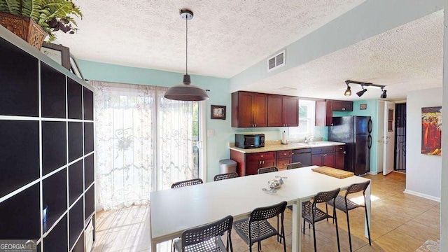 kitchen with a wealth of natural light, rail lighting, pendant lighting, and black appliances