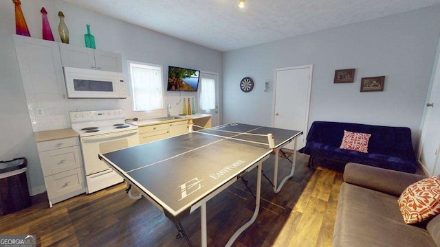 recreation room with dark hardwood / wood-style flooring, sink, and a textured ceiling