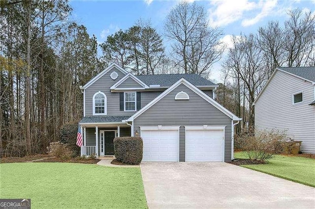 front facade featuring a front yard and covered porch