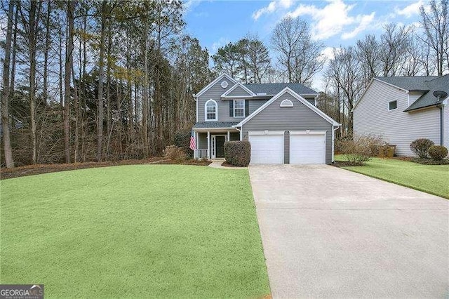 front facade featuring a garage and a front lawn