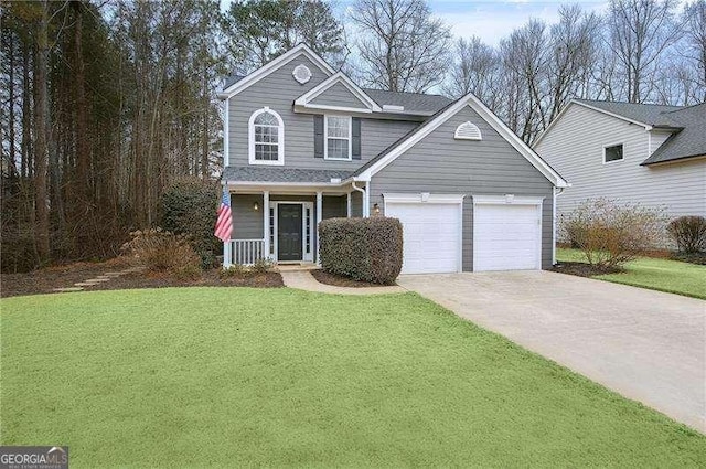 front of property with a garage, covered porch, and a front lawn