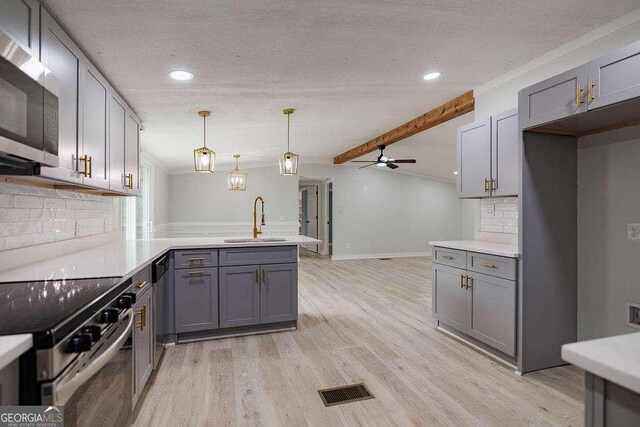 kitchen featuring sink, tasteful backsplash, kitchen peninsula, beamed ceiling, and stainless steel appliances
