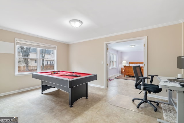 rec room with crown molding and pool table