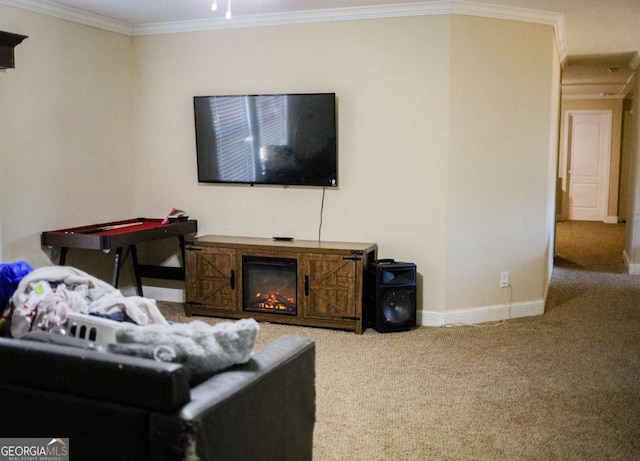 carpeted living room with ornamental molding