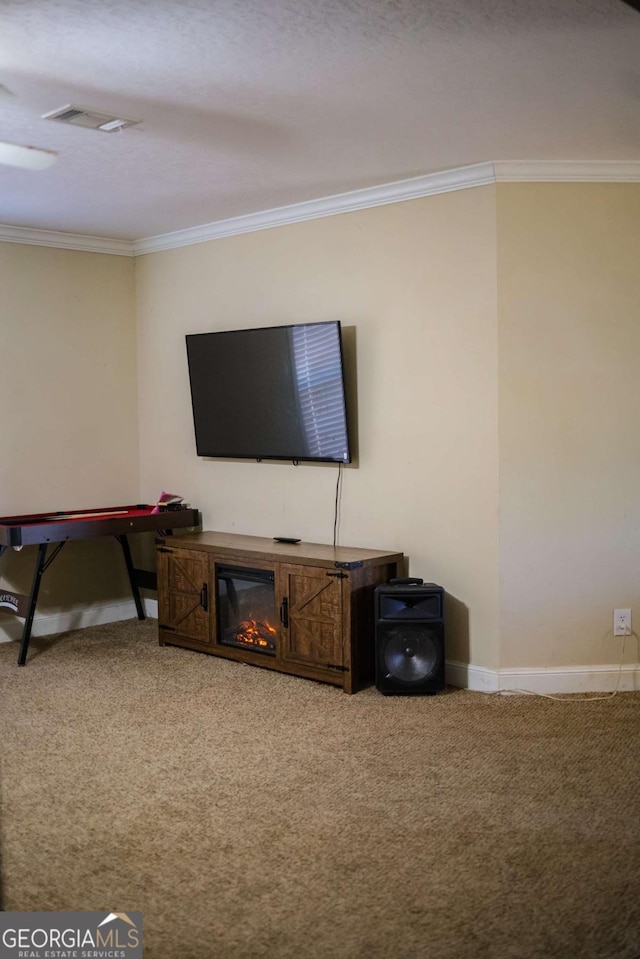 interior space featuring crown molding and carpet floors