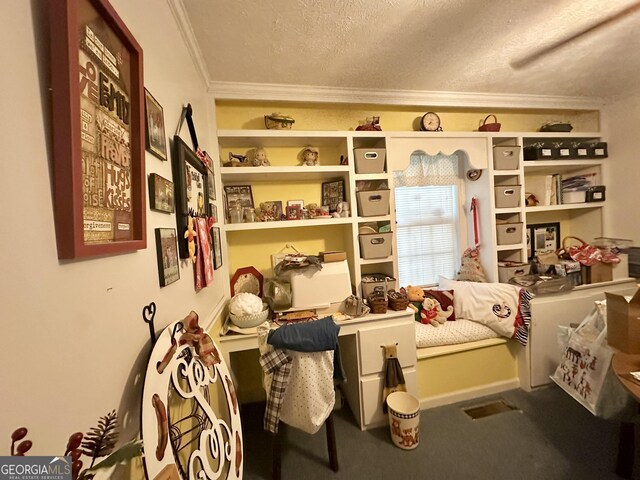 miscellaneous room with ornamental molding, a textured ceiling, and carpet flooring