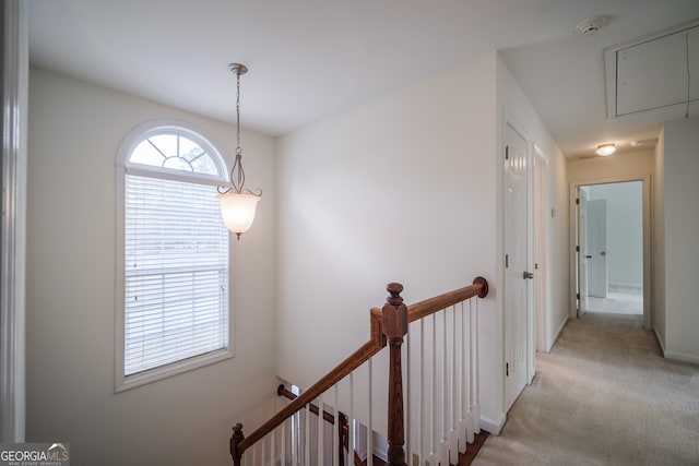 hallway featuring light colored carpet