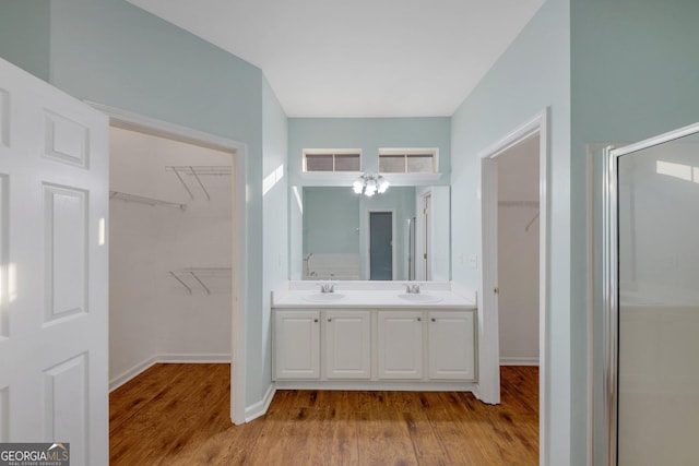 bathroom with an enclosed shower, hardwood / wood-style floors, and vanity