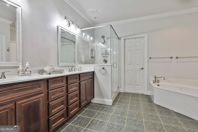 bathroom featuring vanity, crown molding, tile patterned floors, and separate shower and tub