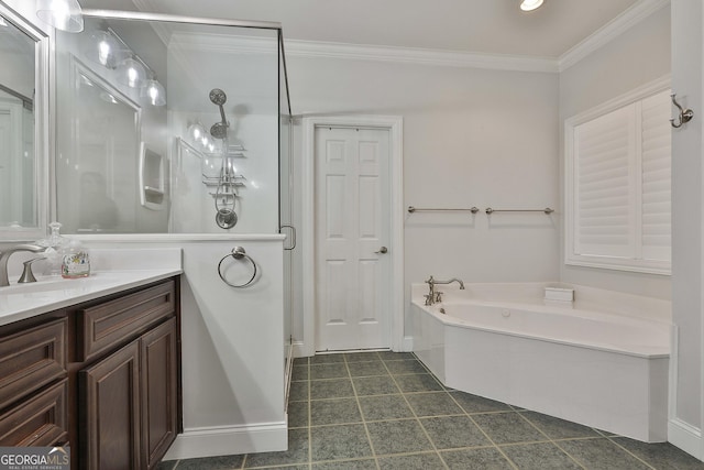 bathroom with ornamental molding, separate shower and tub, and vanity