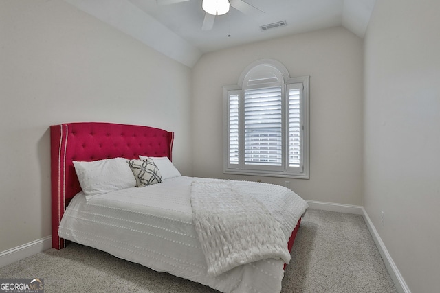 carpeted bedroom featuring ceiling fan and lofted ceiling