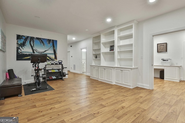 workout room featuring light hardwood / wood-style flooring