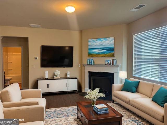 living room with dark hardwood / wood-style floors