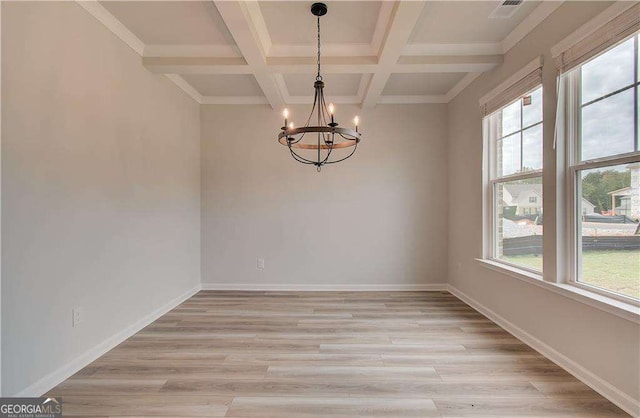 unfurnished dining area with crown molding, a chandelier, coffered ceiling, light hardwood / wood-style floors, and beamed ceiling