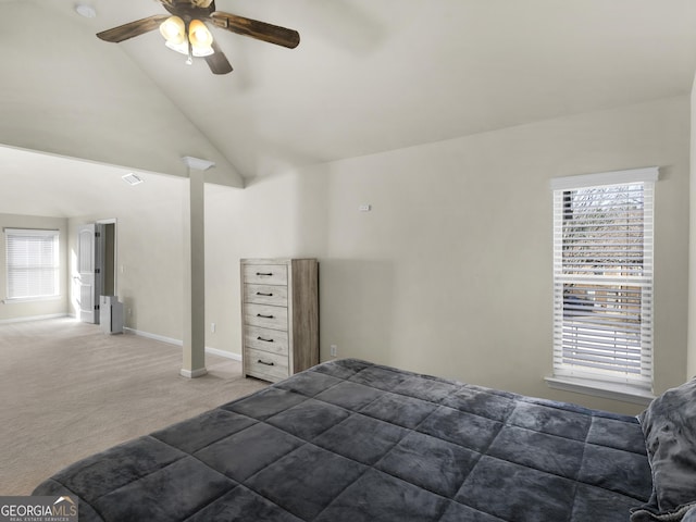 bedroom featuring carpet, high vaulted ceiling, and ceiling fan