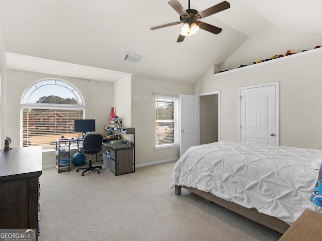 bedroom featuring ceiling fan, lofted ceiling, light carpet, and multiple windows