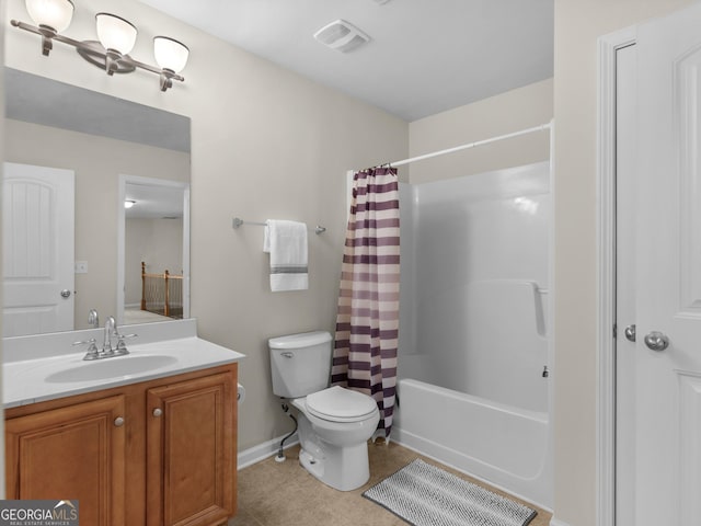 full bathroom featuring vanity, shower / bath combination with curtain, and toilet