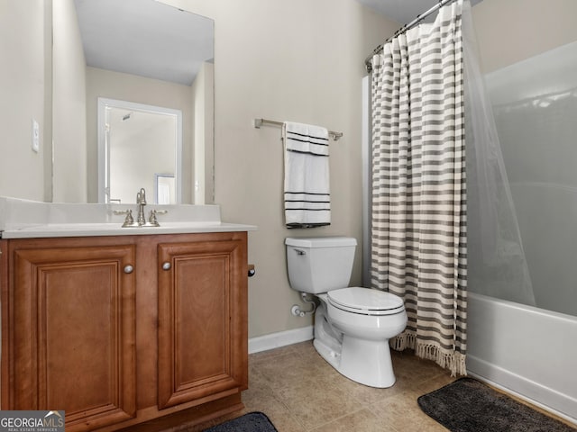 full bathroom featuring vanity, shower / tub combo, tile patterned flooring, and toilet