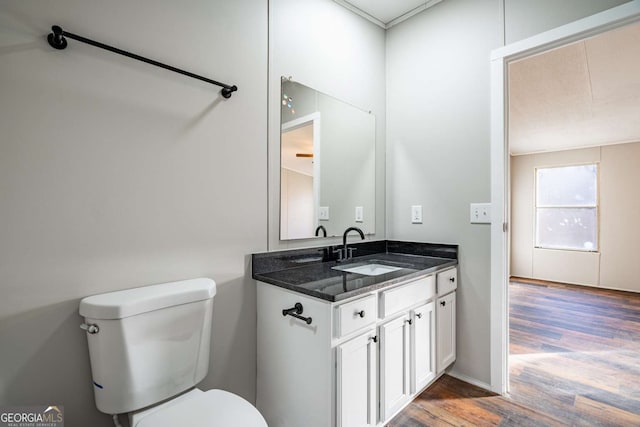 bathroom featuring hardwood / wood-style flooring, vanity, and toilet