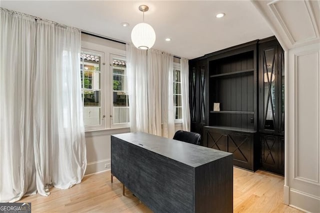 home office with french doors, recessed lighting, light wood-style flooring, and baseboards