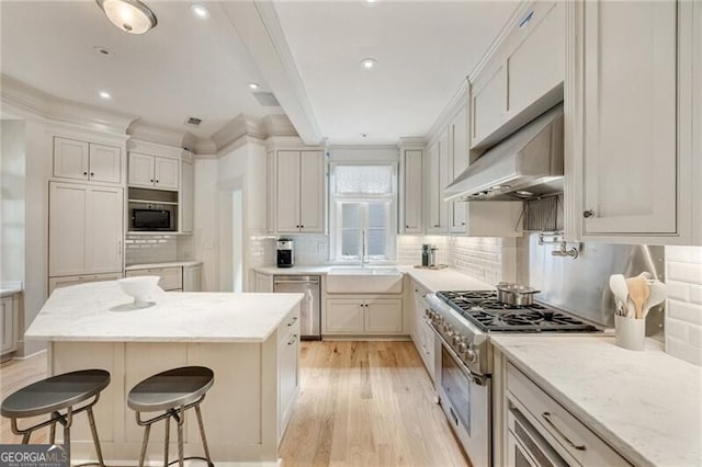 kitchen featuring tasteful backsplash, a sink, stainless steel appliances, under cabinet range hood, and light wood-type flooring