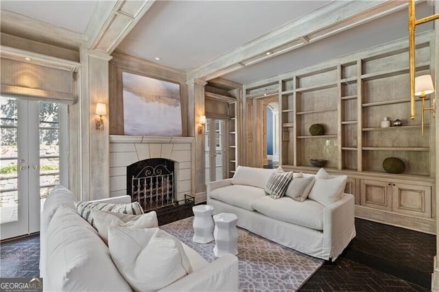 doorway to outside featuring an inviting chandelier, dark wood-style flooring, baseboards, french doors, and crown molding