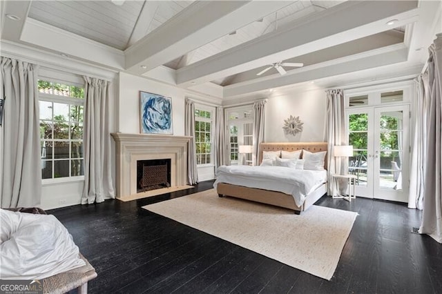 bedroom with crown molding, access to exterior, dark hardwood / wood-style flooring, and multiple windows