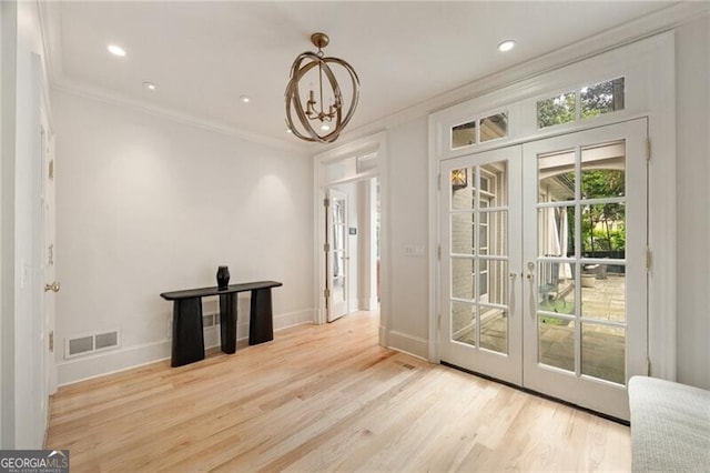 bedroom with vaulted ceiling with beams, french doors, access to outside, and multiple windows