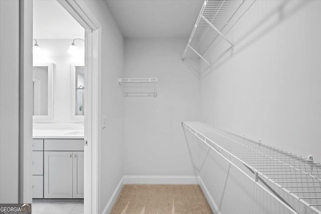 spacious closet featuring light carpet