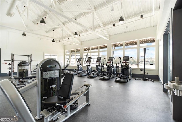 gym featuring high vaulted ceiling