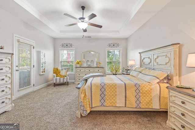 carpeted bedroom featuring multiple windows, access to outside, a raised ceiling, and ceiling fan