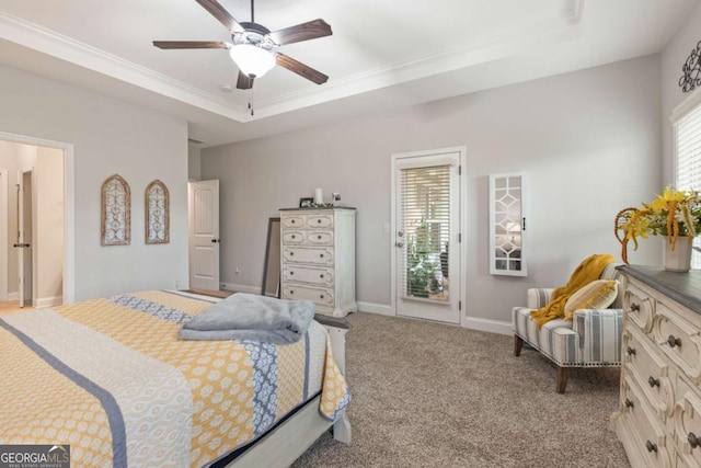 773 Riverwalk Manor Dr, Dallas, GA 30132 - carpeted bedroom featuring access to outside, a raised ceiling, crown molding, baseboards, and ceiling fan