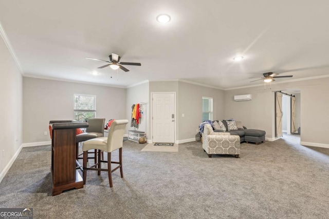 dining room featuring ceiling fan, ornamental molding, a wall unit AC, and dark colored carpet