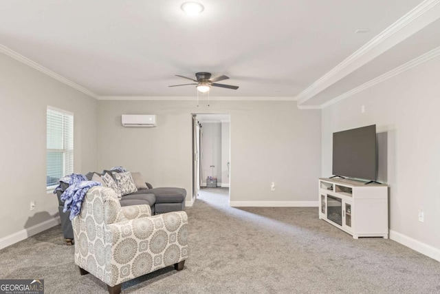 living room with crown molding, light colored carpet, a wall mounted air conditioner, and ceiling fan