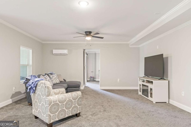 773 Riverwalk Manor Dr, Dallas, GA 30132 - carpeted living room with ornamental molding, a ceiling fan, baseboards, and a wall mounted AC