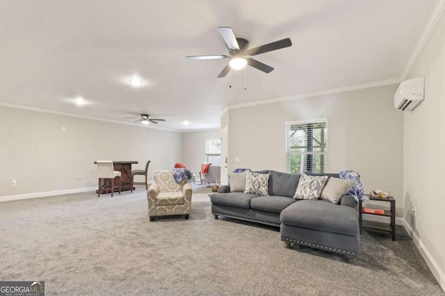 carpeted living room with crown molding, ceiling fan, and an AC wall unit