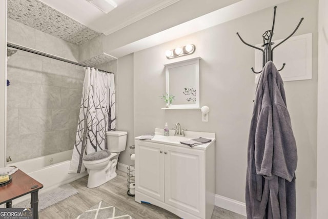 full bathroom featuring shower / bathtub combination with curtain, crown molding, vanity, wood-type flooring, and toilet