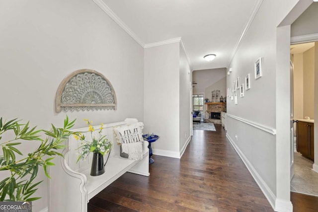 hallway with crown molding and dark hardwood / wood-style floors