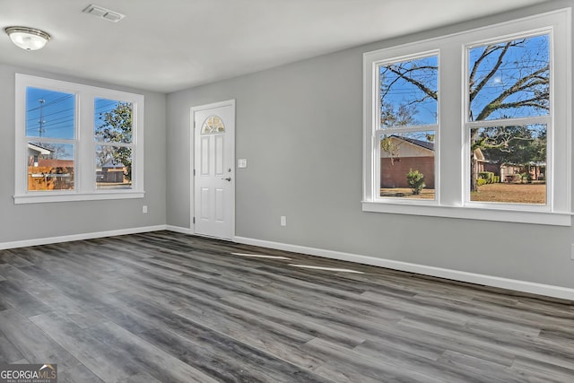 interior space with a wealth of natural light and dark hardwood / wood-style floors