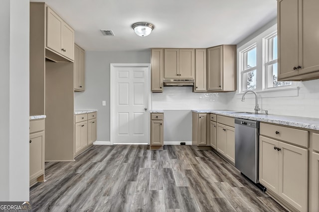 kitchen with hardwood / wood-style flooring, dishwasher, sink, and decorative backsplash