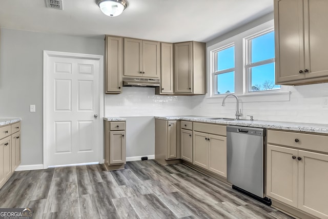 kitchen with tasteful backsplash, sink, dishwasher, and light wood-type flooring