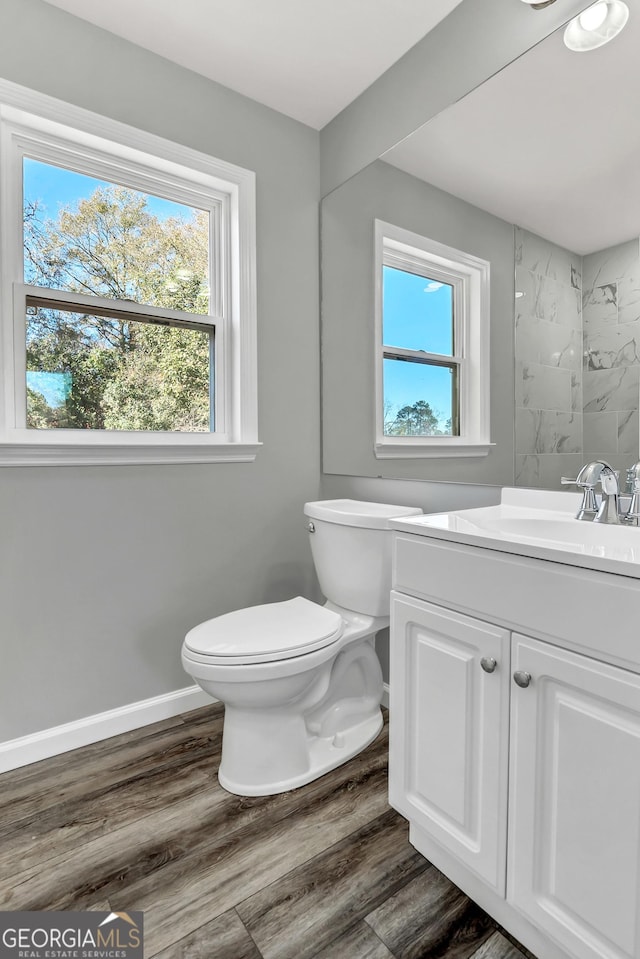 bathroom with hardwood / wood-style flooring, vanity, and toilet