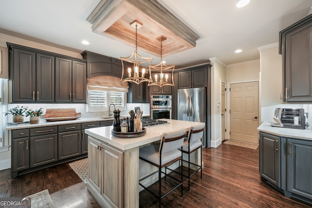 kitchen with appliances with stainless steel finishes, dark hardwood / wood-style floors, a center island, and sink