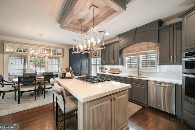 kitchen with sink, a center island, dark hardwood / wood-style floors, a raised ceiling, and stainless steel appliances