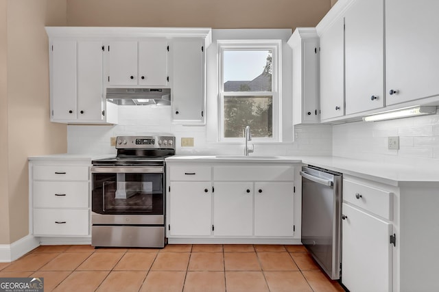 kitchen with stainless steel appliances, ventilation hood, sink, and white cabinets