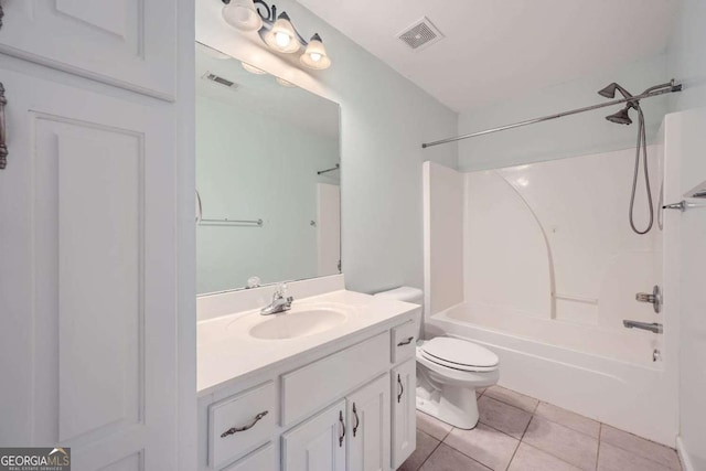 full bathroom featuring shower / bathtub combination, vanity, toilet, and tile patterned flooring