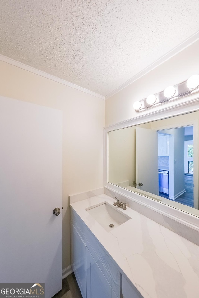 bathroom with vanity, crown molding, and a textured ceiling