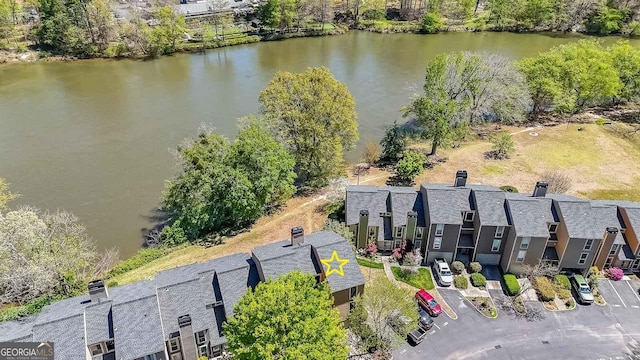 drone / aerial view featuring a water view