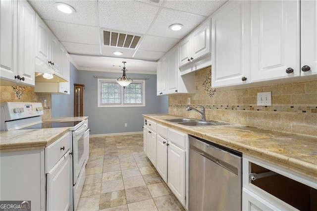 kitchen featuring sink, dishwasher, hanging light fixtures, white range with electric stovetop, and white cabinets