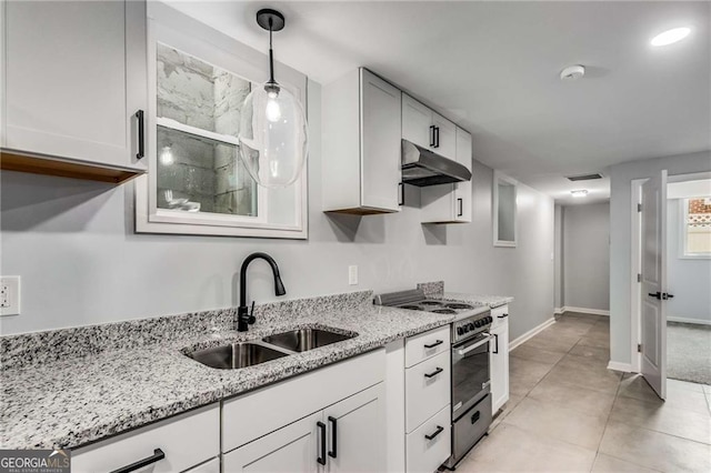 kitchen featuring sink, pendant lighting, white cabinets, and stainless steel range with electric stovetop